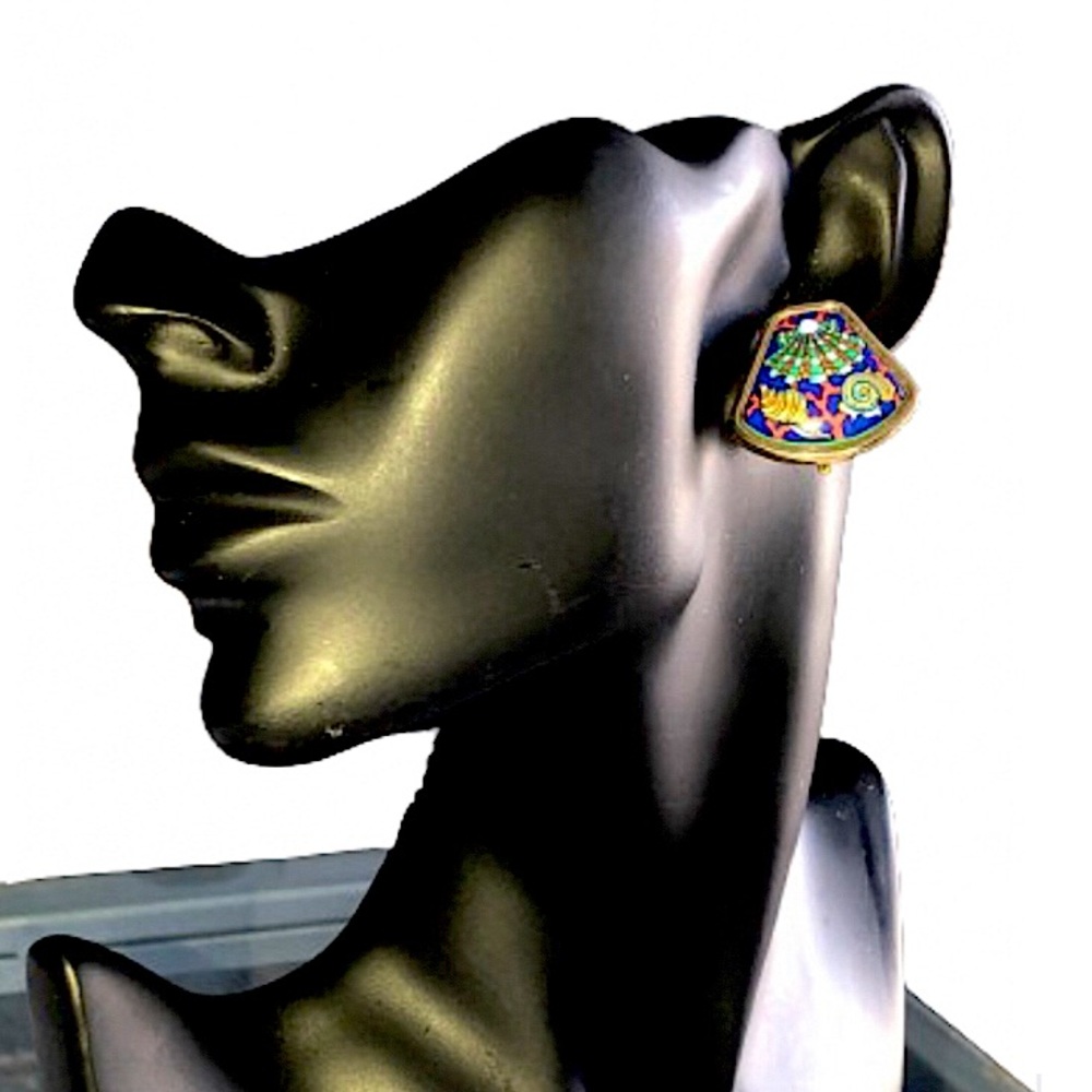 HERMES Sea Side Retreat Clip-On Earrings w/ 24k Yellow Gold Accents - Picture 3 of 7